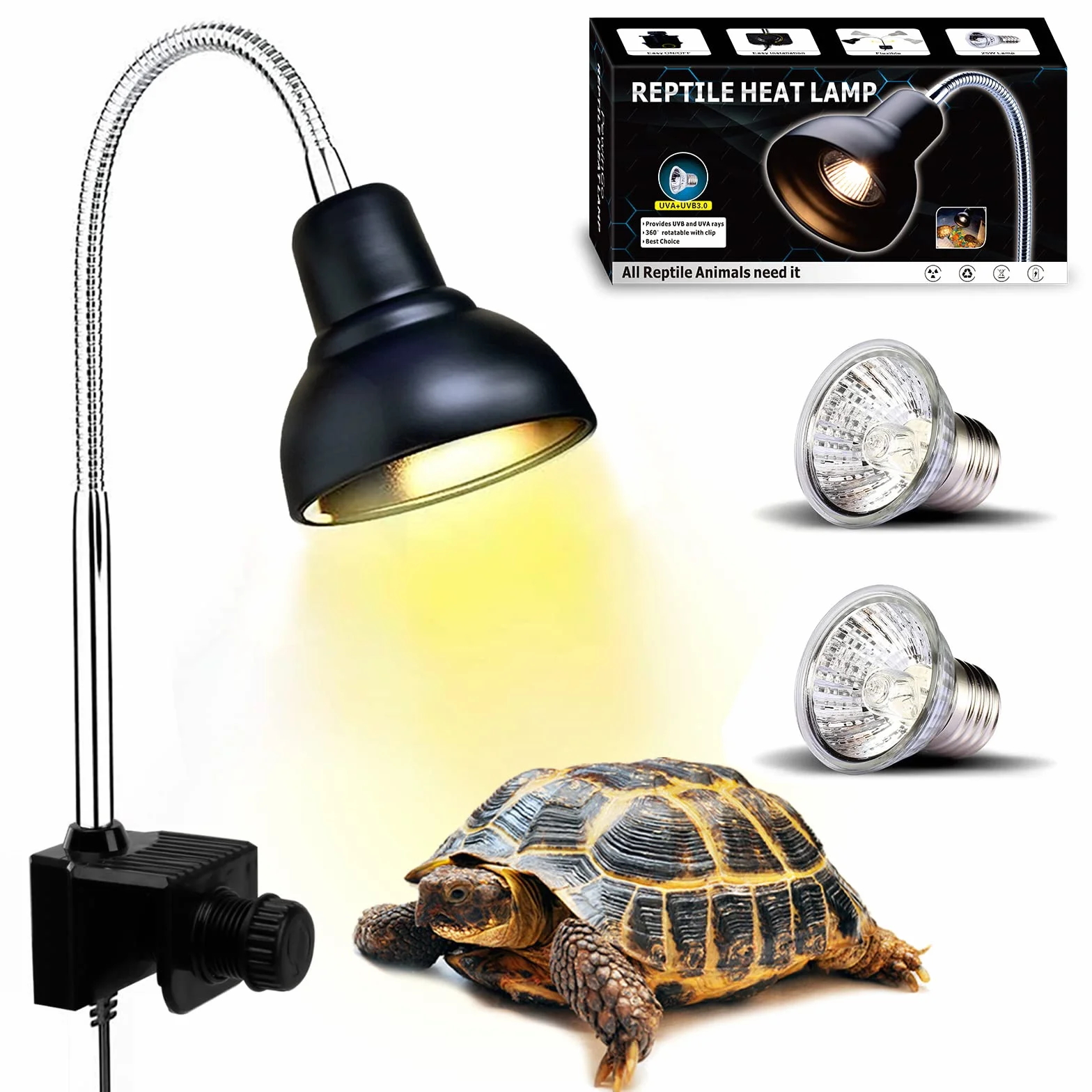 Lampada uvb Tartarughe, Lampada Rettile e Anfibio con 2 Lampadine UVA UVB a Punto Basking e Morsetto Girevole a 360 °Adatto per Tartaruga, Serpente, Lucertola, Cacatua, Camaleonte ecc
