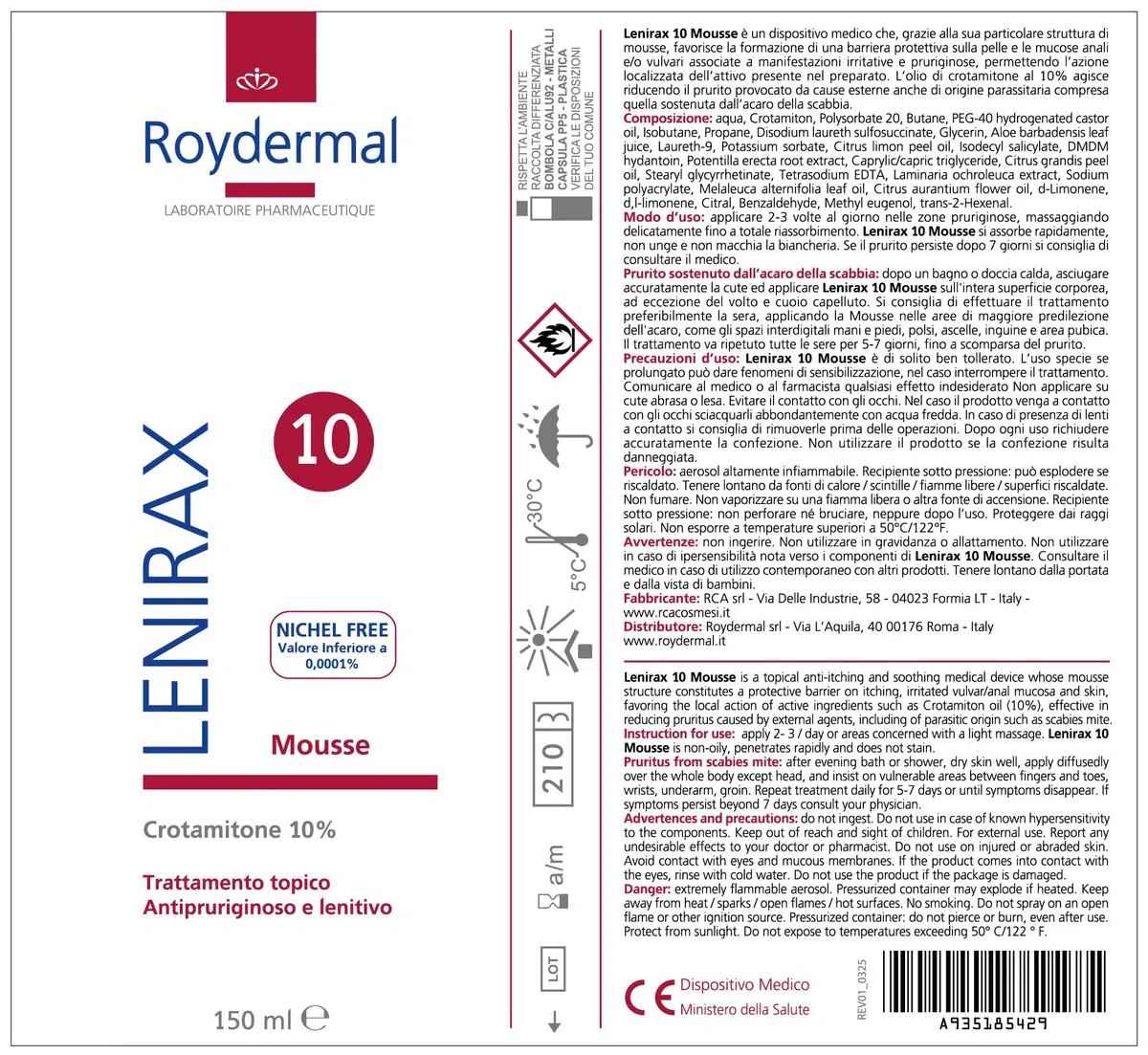 Lenirax 10 Mousse, barriera protettiva contro irritazioni e prurito, 150ml