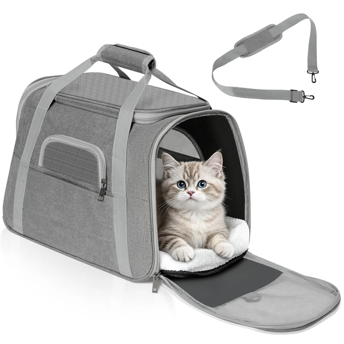 Romon Trasportino per Cani Gatti, Gatto Portabile e Pieghevole Cane Cat Animali Domestici Zaino Morbido Traspirante Cane Taglia Piccola Borsa Accessori Con Tracolla Imbottito, 17.3x11x9.8 inch, Grigio