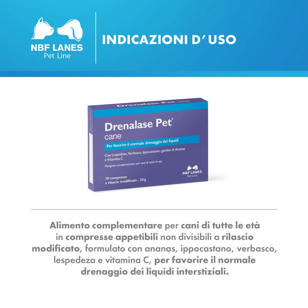 NBF Lanes | Drenalase Pet Cane, 30 Compresse Appetibili Non Divisibili a Rilascio Modificato, per Favorire il Normale Drenaggio dei Liquidi