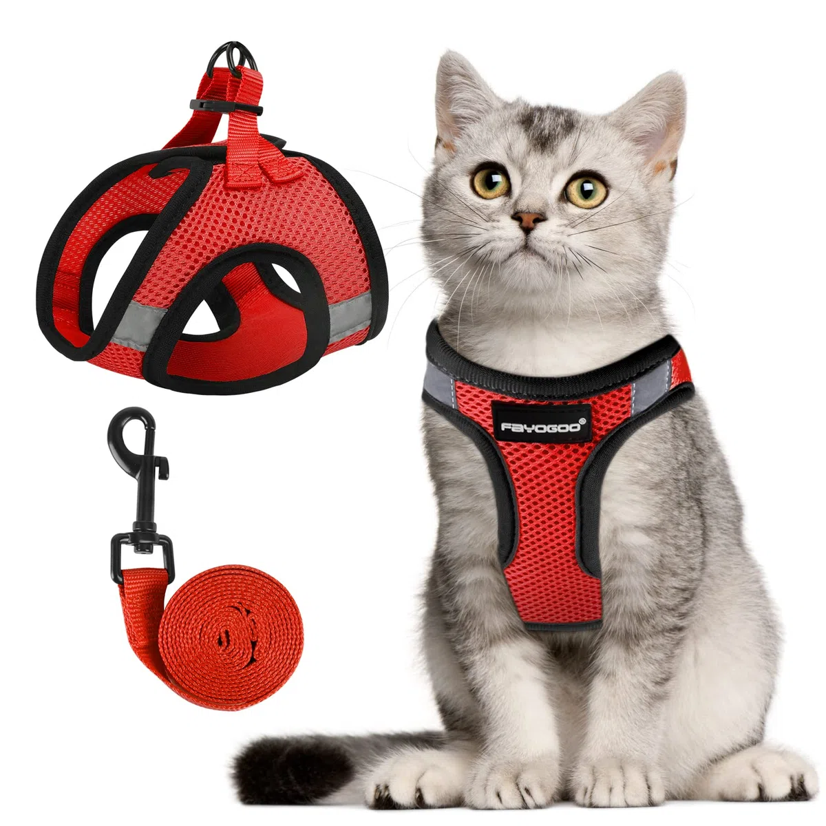 FAYOGOO Pettorina Gatto Grande, Guinzaglio per Gatti Pettorina Gatto Antifuga, Pettorina per Gatti Regolabili con Rivestimento Riflettente Guinzaglio per Cuccioli o Gatti Passeggiate all'aperto