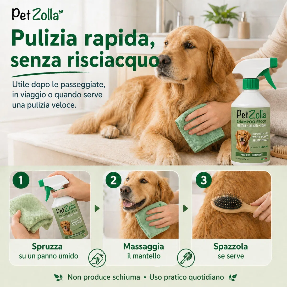Shampoo secco per cani senza risciacquo 750 ml Idrata e igienizza, Shampoo a secco per cani naturale con olio di neem, argan e timo, sicuro anche per cuccioli - Made in Italy