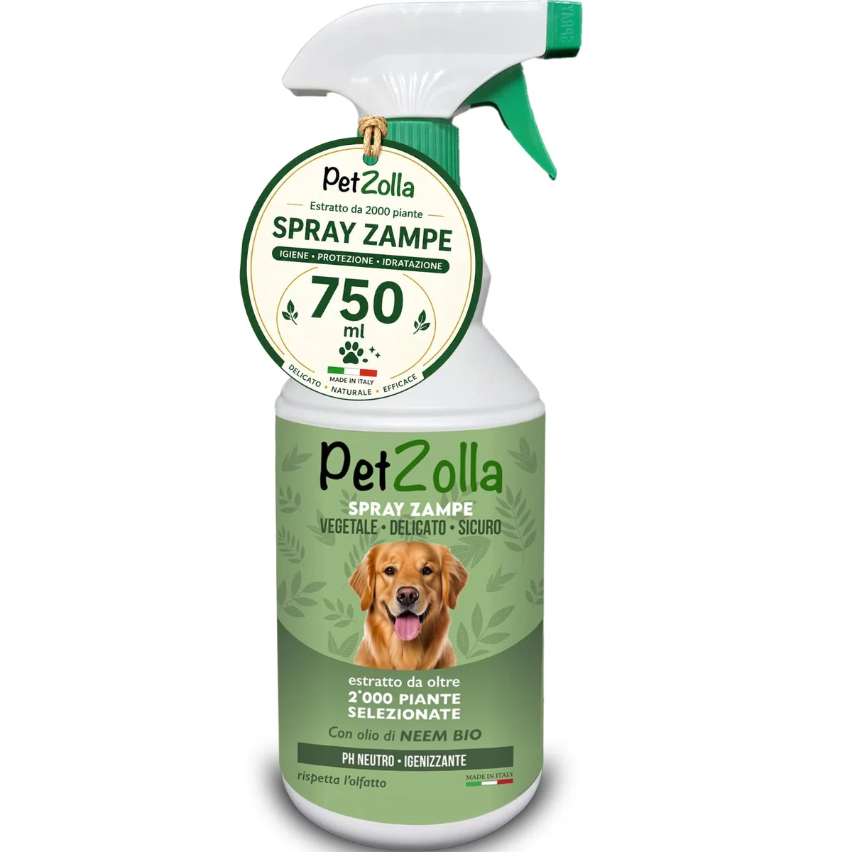 Spray pulisci zampe cane naturale e delicato 750ml, Lava zampe per cani senza risciacquo con olio di neem, argan e timo, azione idratante e protettiva - Made in Italy