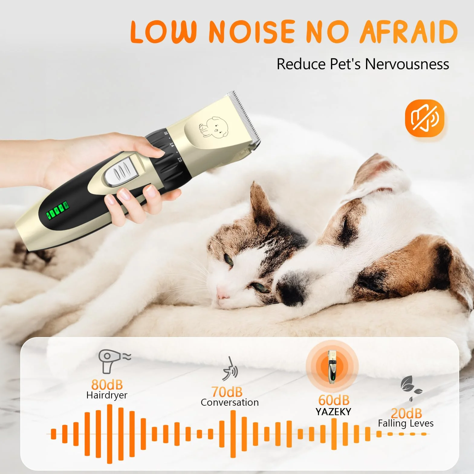 YAZEKY Tosatrice per Cani Professionale, Silenzioso rasoio elettrico per cani, Tosatrice per cani/Gatti Pelo Lungo Ricaricabile con Toelettatura Accessori (Oro)