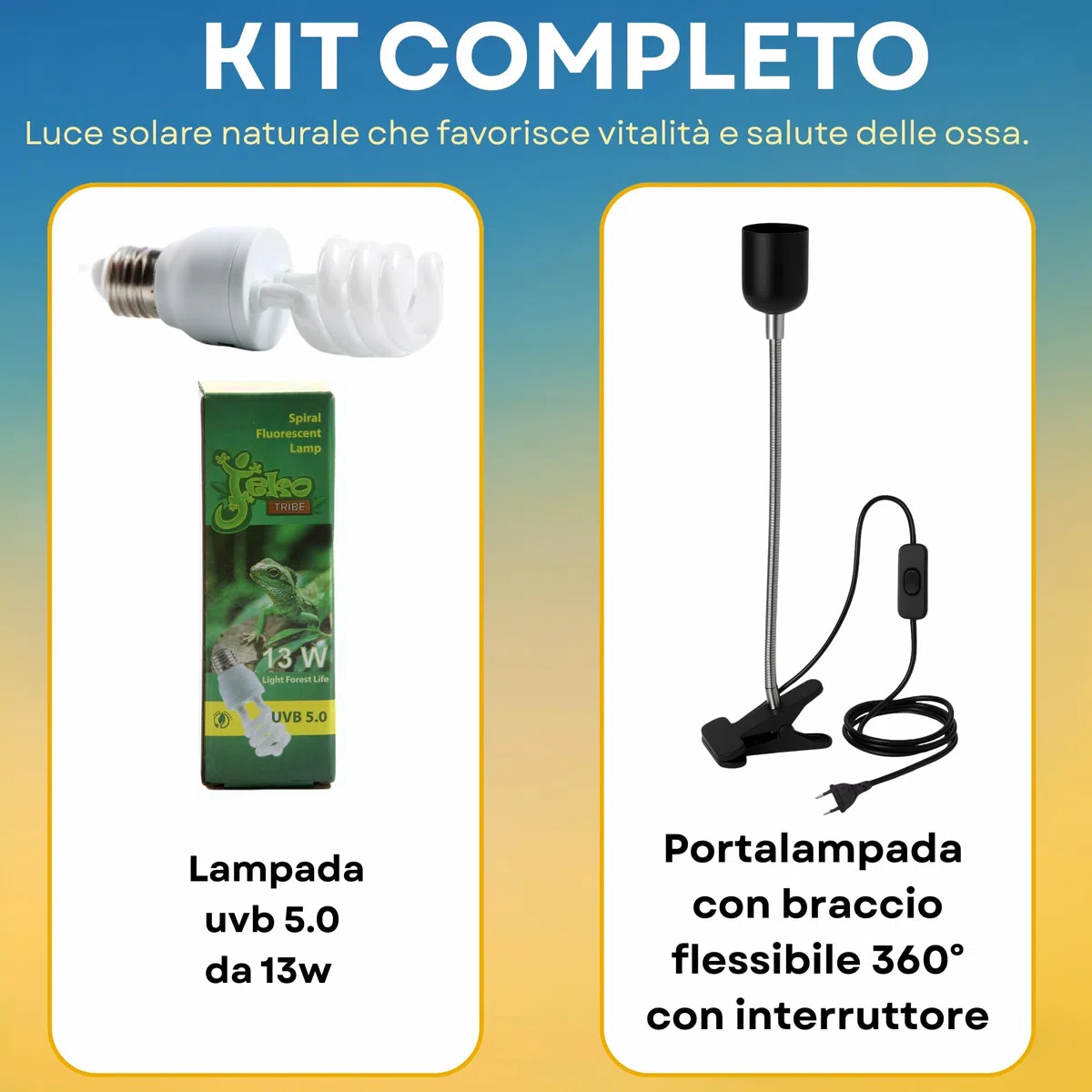 Lampada UVB rettili 13 W 5.0 + Portalampada Con Pinza e Interruttore kit Completo Per Tartarughe da terra e Piccoli Animali Lucertole Iguana Camaleonti Pogone Varani ecc..Pet Tribe