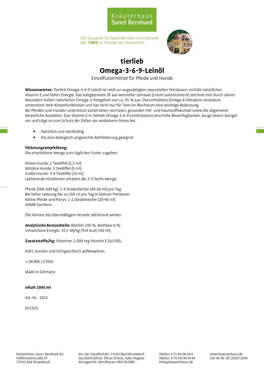 tierlieb Omega 3-6-9 Olio di lino per cavalli e cani, ricco di acidi grassi essenziali insaturi, con vitamina E naturale, 1 litro