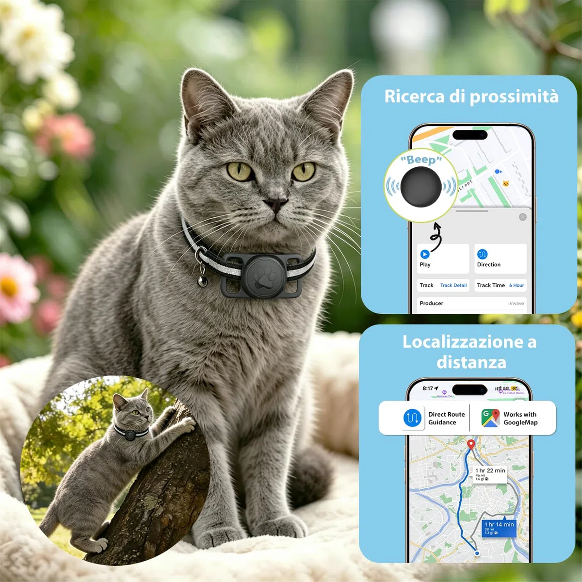 Collare GPS Gatto 2026 – GPS per Cani Flessibile e Senza Abbonamento, Localizzatore GPS per Cani e Gatti con Tracciamento in Tempo Reale e Design Impermeabile, Compatibile con iOS/Android (Nero)