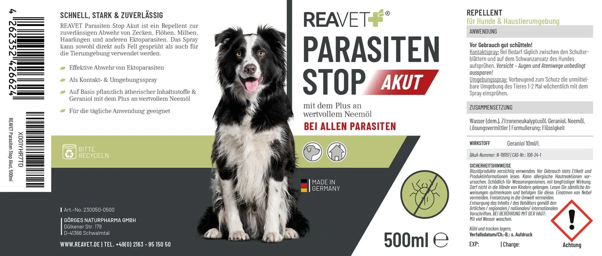 ReaVET Parassiti Stop AKUT – contro tutti i parassiti per cani e ambienti animali, 500 ml, spray per insetti – Protezione affidabile da zecche, pulci, acari, capelli e ectoparassiti