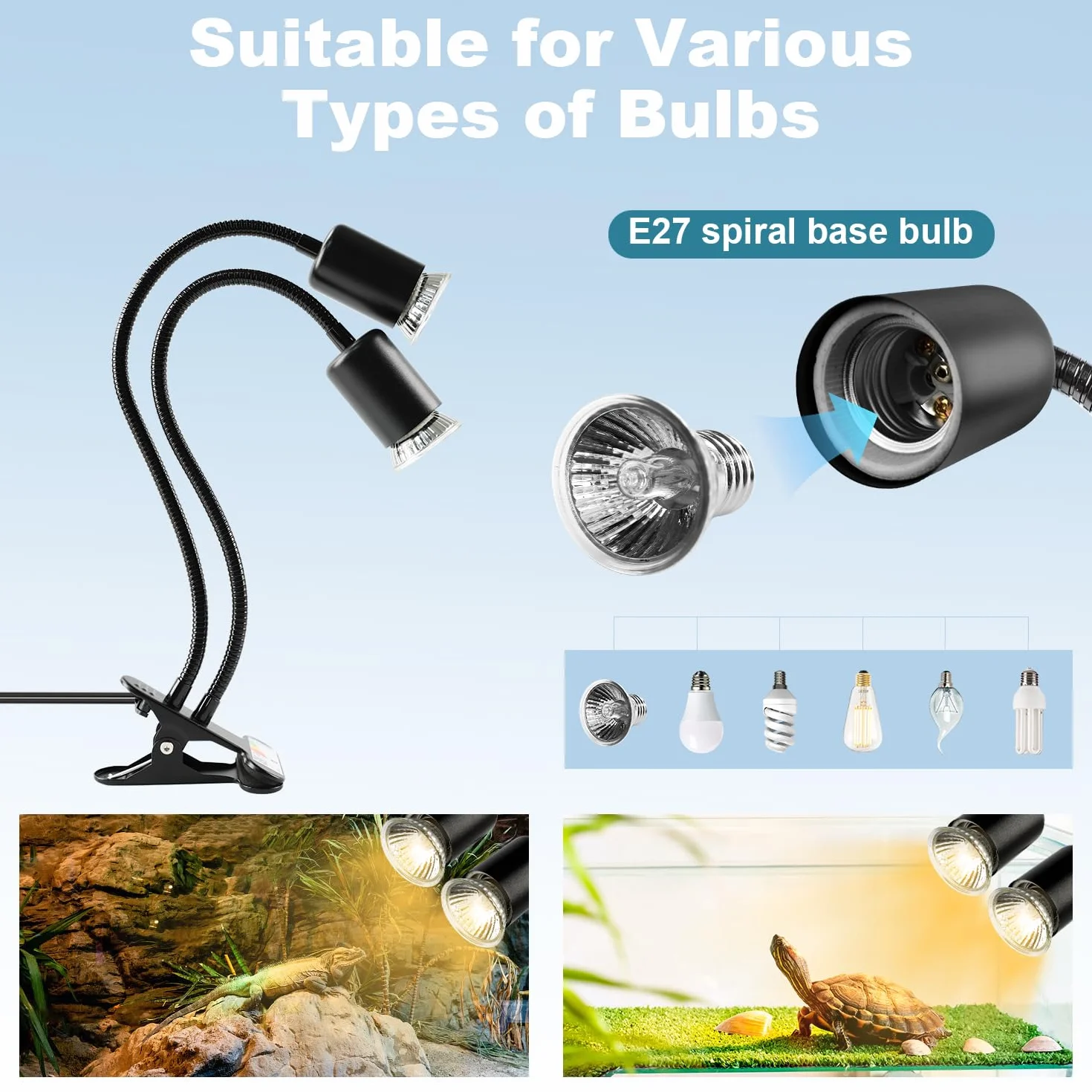 Lampada Riscaldante Tartarughe a Due Teste, 25W+50W Lampada Tartarughe Acqua E27, UVA+UVB Lampadas Riscaldante Rettile con Interruttore Timer Regolabile per Tartarughe Rettili Lucertole (Nero)