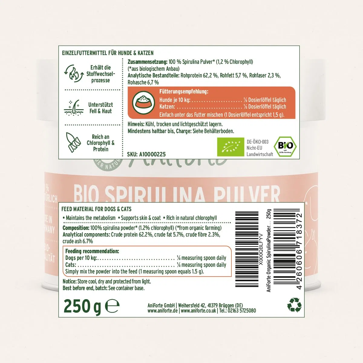 AniForte - Spirulina Bio in polvere per cani e gatti 250g - microalghe supporta la pelle e il mantello, sistema immunitario e processi metabolici, vitamine e minerali