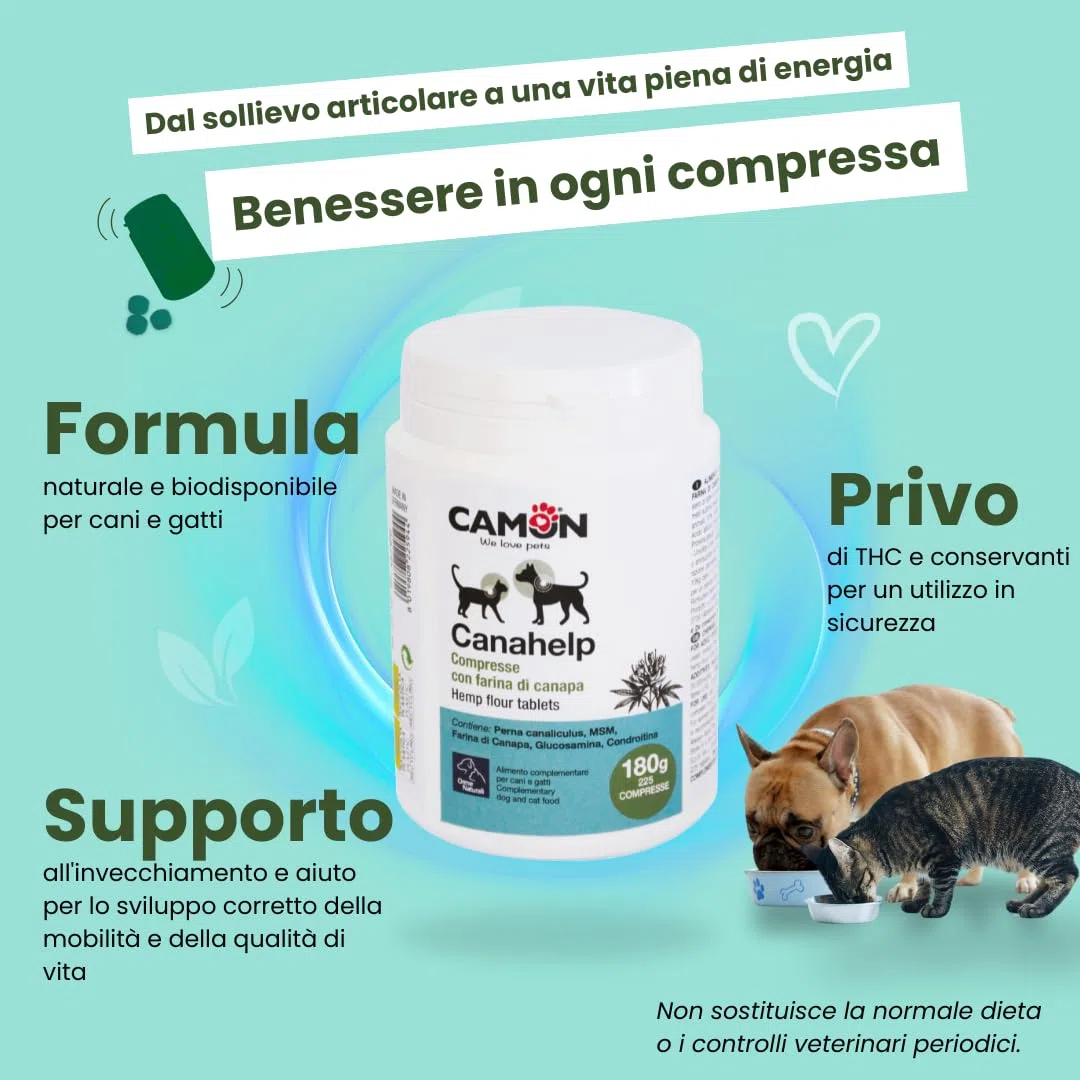 CAMON | Canahelp Compresse, Alimento Complementare per Cani e Gatti, Supporta la Crescita e il Mantenimento in Salute dell'Organismo, 225 Compresse da 180g