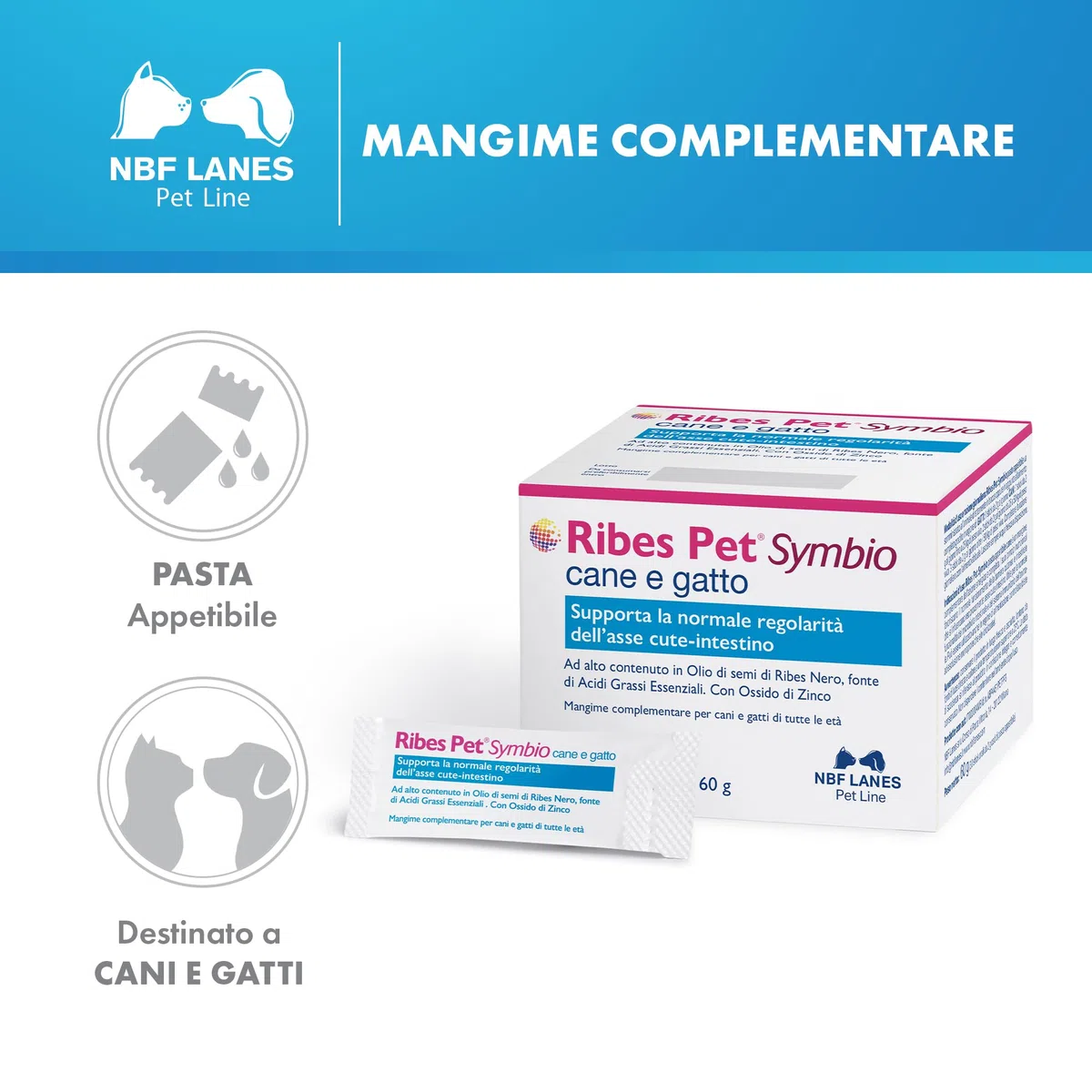 NBF Lanes | Ribes Pet Symbio Cane e Gatto, 30 Stick di Pasta Appetibile 60 g, Supporta la Normale Regolarità dell’Asse Cute-Intestino