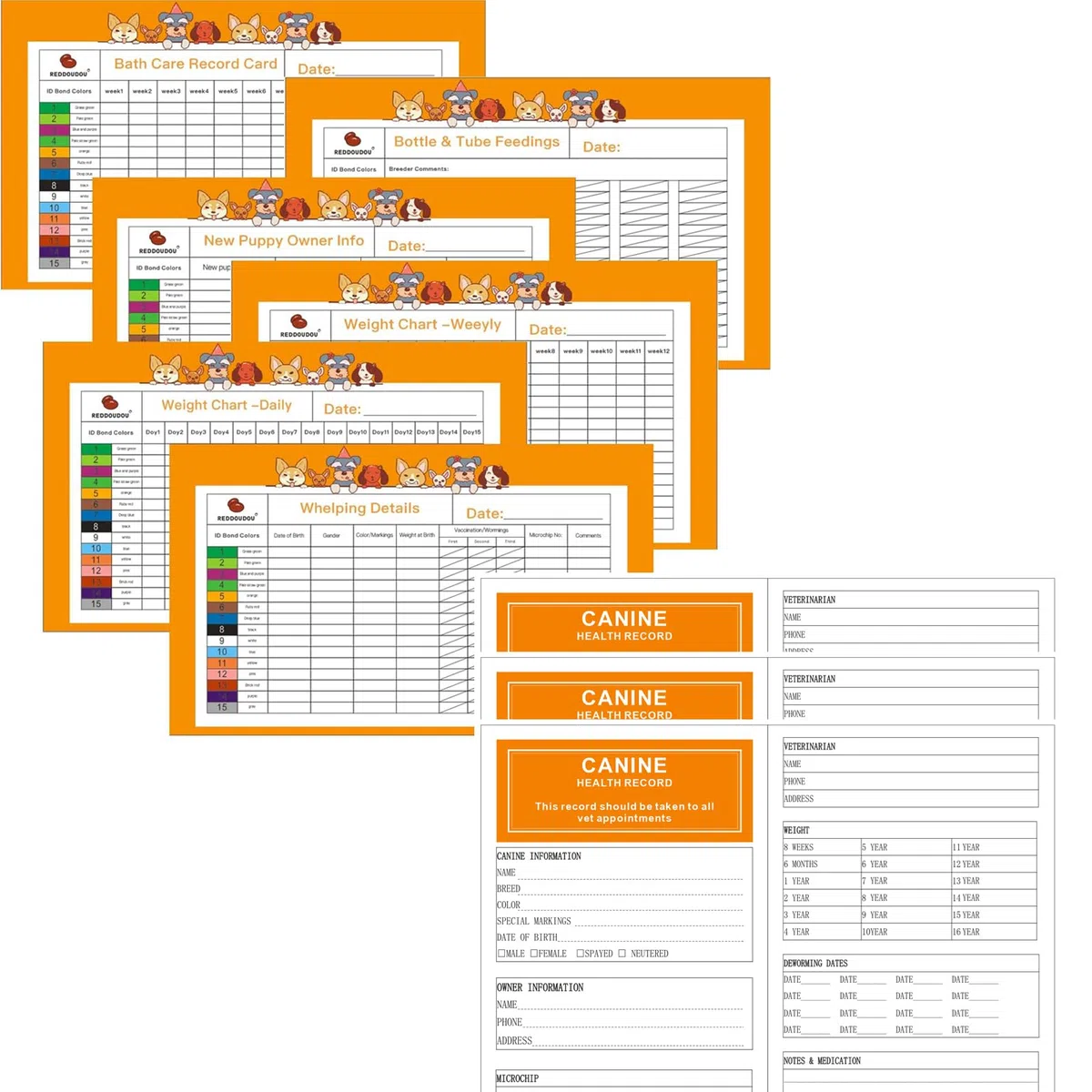 Forniture per cuccioli di gattino, kit di parto per la nascita dei cuccioli, include 15 collari identificativi, tabelle di registrazione e altro ancora