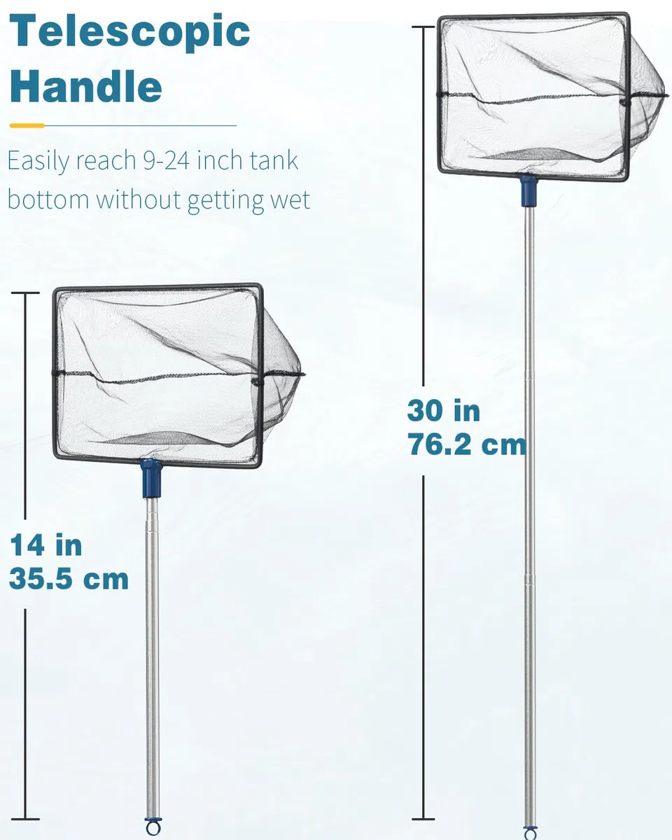Pawfly Rete Per Pesci D'acquario Con Manico Telescopico In Acciaio Inox 20 Cm Grande Rete Quadrata A Maglie Fini Morbide Fanghi Residui Alimentari Rifiuti