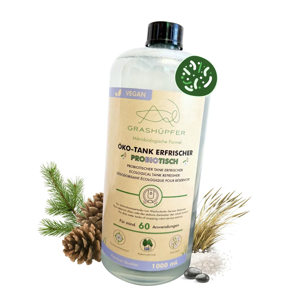 GRASHÜPFER® Deodorante per cisterna ecologica per serbatoi di acqua sporca [PROBIOTICO] – Elimina gli odori di muffa nel serbatoio dell'acqua sporca biologico [Profumo Balesta costiera] – 1000 ml
