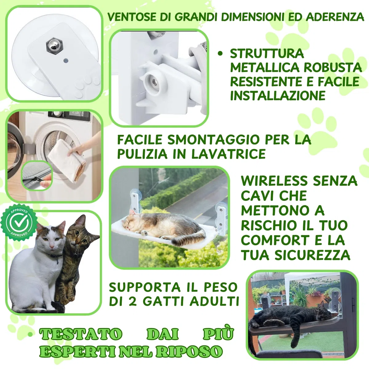 Amaca Gatto Finestra Pieghevole senza Cavi Letto per Gatto con Ventose Stabili Tappeto reversibile con Giocattolo Incluso Codice QR con Istruzioni e Video di Montaggio.