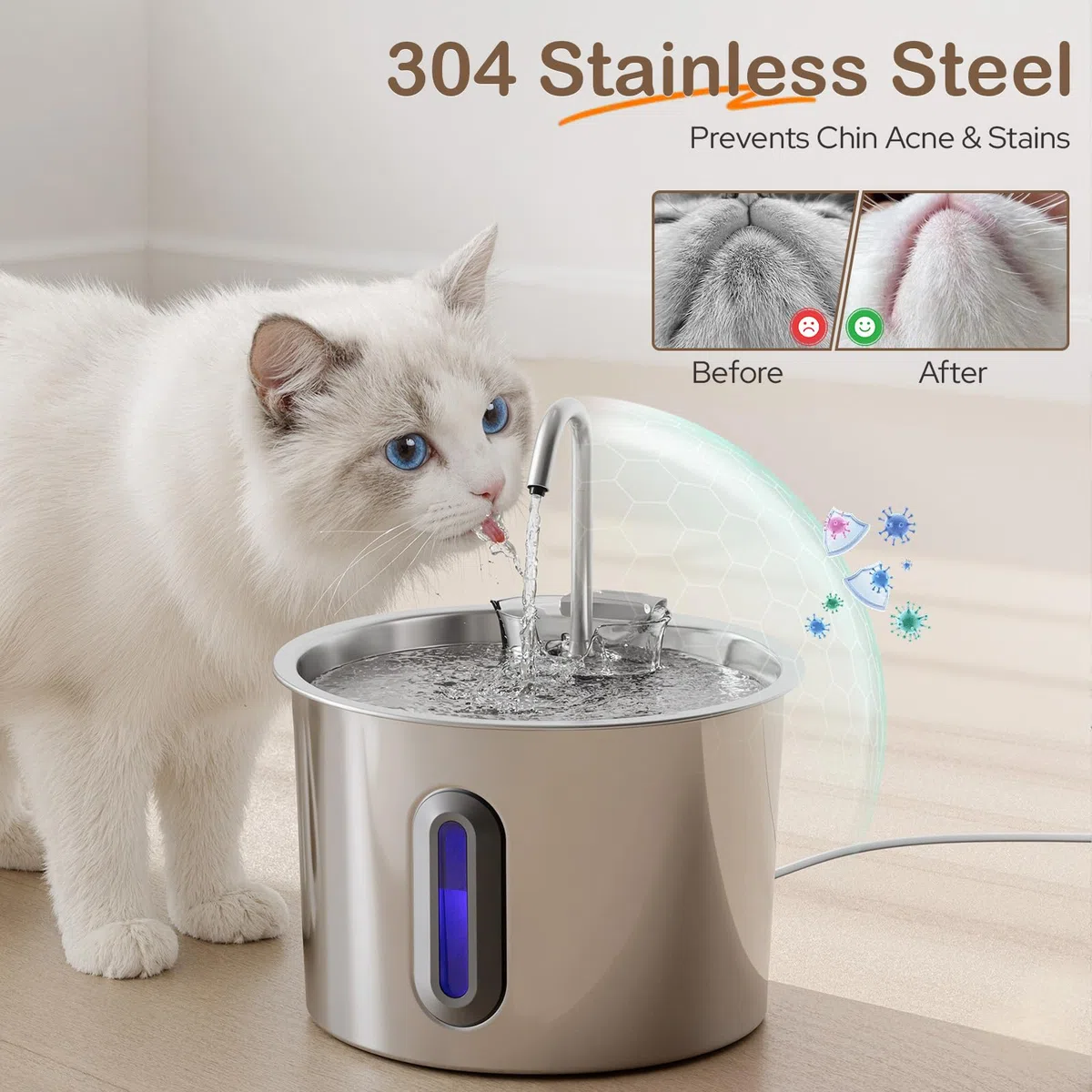 Zivacate Fontanella per Gatti Acciaio - 2,2 L Fontana per Gatti con Pompa Ultra Silenziosa, Finestra LED, Sistema di Filtraggio Triplo, Fontanella Gatto con Cavo (con 3 Filtri & 3 Spugne)
