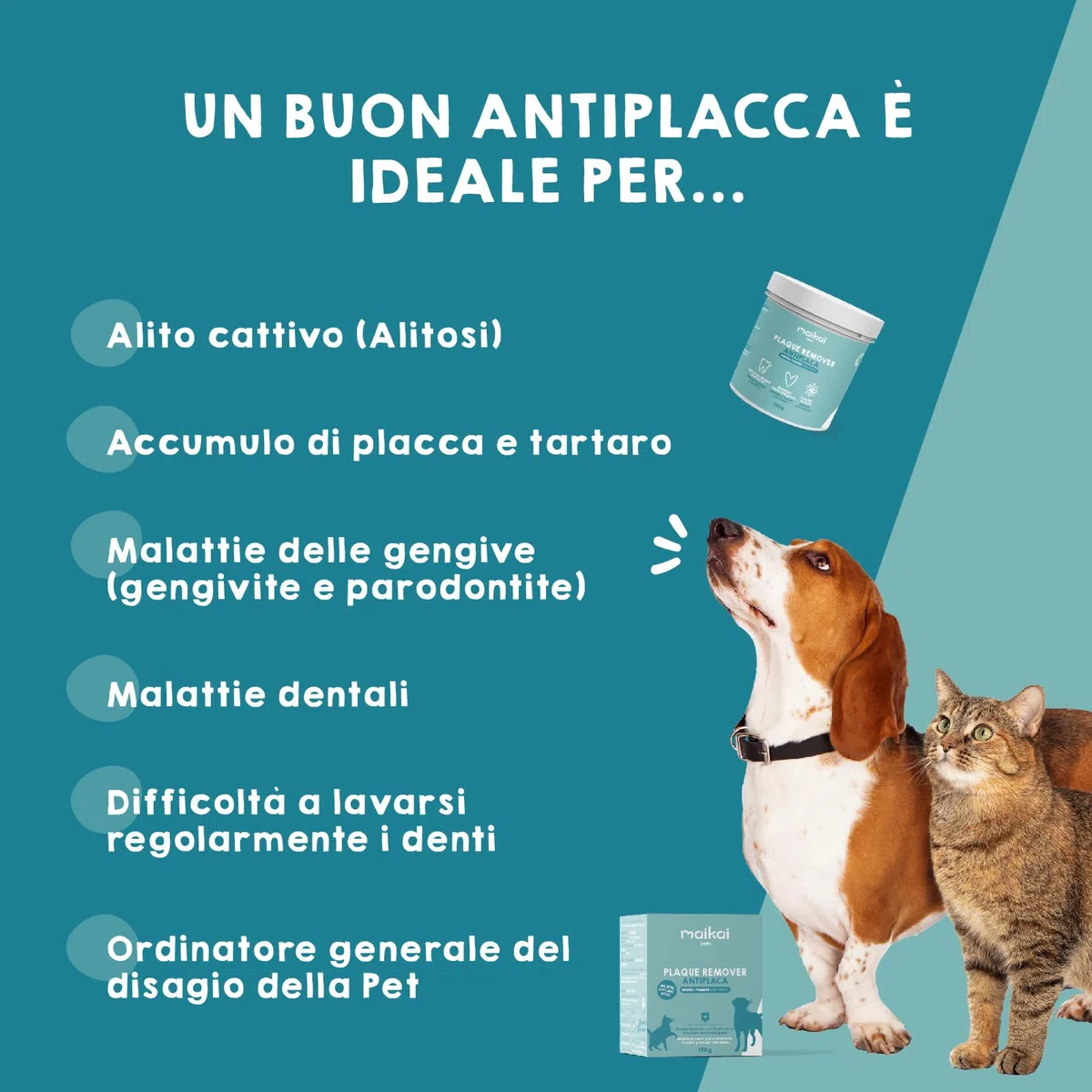 MAIKAI Polvere per Pulizia Denti Cani e Gatti 150g Integratore Antitartaro e Placca Alitosi Eliminare Alito Cattivo 100% Naturale - Rinfresca l’Alito e Protegge Denti e Gengive Igiene Orale Naturale