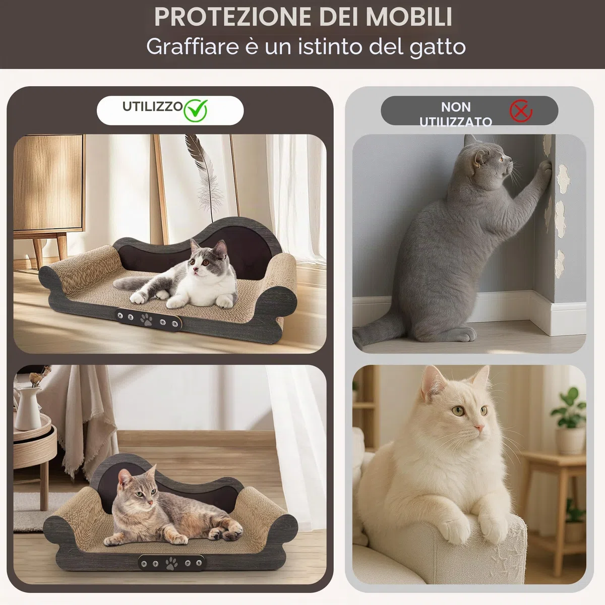 Tiragraffi per Gatti Adulti XXL - Tiragraffi Cartone 68cm Design Divano - Cartone Ondulato Rinforzato - Per Lettino Gatti e Soggiorno