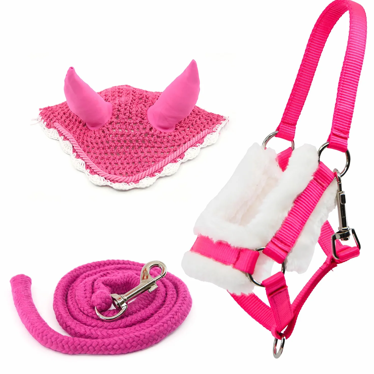 Hobby Horse - Set di accessori per cavezza con cordino e berretto anti-insetti, colore: rosa per attività di Hobby Horsing.