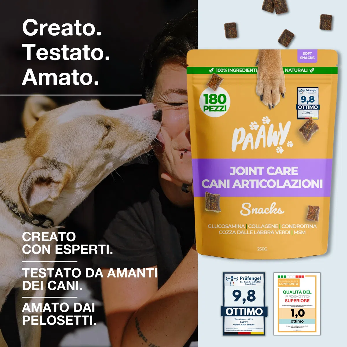 Integratore Articolazioni Cane di Paawy | TEST OTTIMO | 180 Snacks Condroprotettori e Antinfiammatorio Naturale con Glucosamina, Condroitina e Collagene per Cani per la Cura delle Ossa e Articolazioni