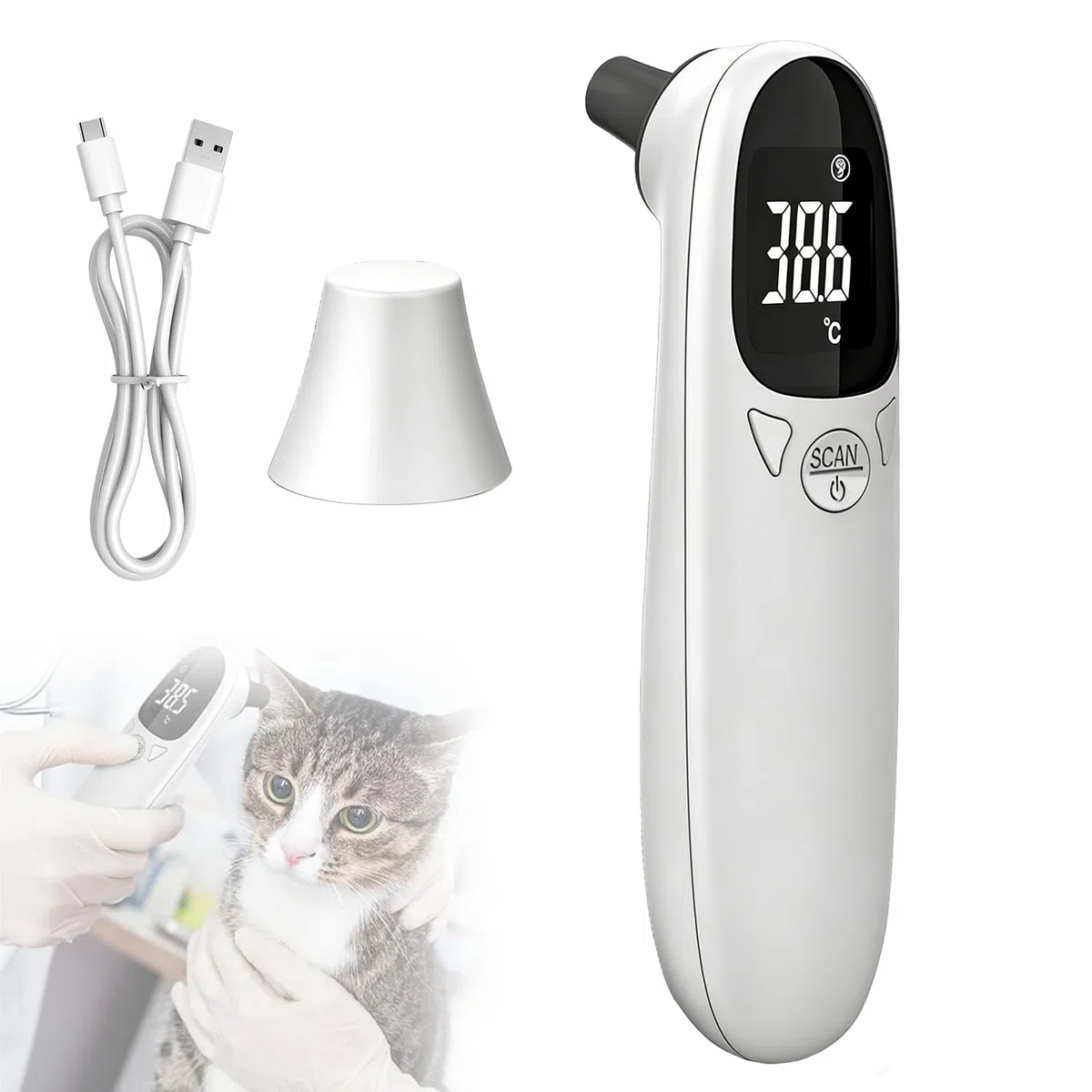 Termometro auricolare per cani e gatti, 12,8 x 3,9 cm, termometro auricolare portatile per gatti, cani, mucche, ferd (bianco)