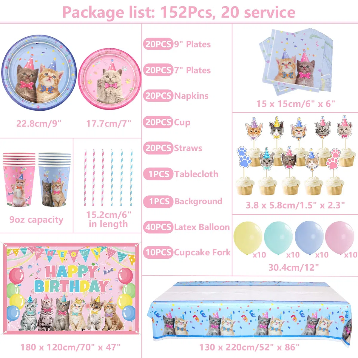 Set di forniture per decorazioni per feste di gatti, stoviglie per gatti con sfondo di buon compleanno per gatti Macaron Palloncini Piatti da dessert Piatti da dessert Tovaglioli- Serve 20