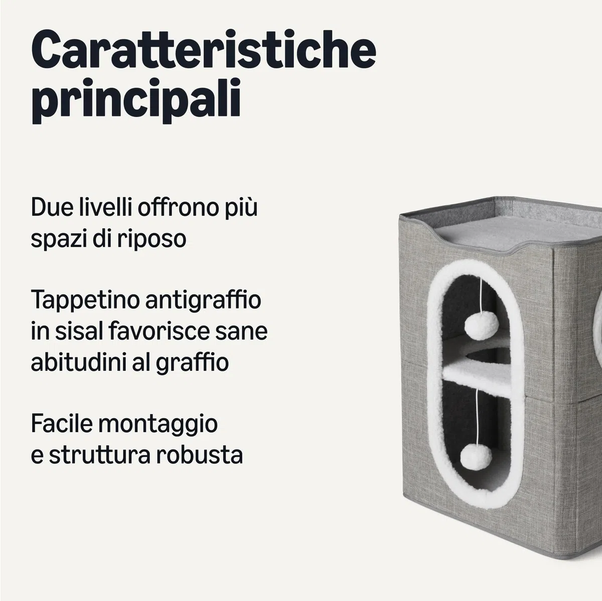 Amazon Basics - Casetta per Gatti a 2 Piani, Grotta per Gatti con Tappetino Tiragraffi e Pallina Morbida, Cucce Modulari a Cubo Pieghevoli per Gatti, 43,2cm x 35,6cm x 57,2cm, Grigio