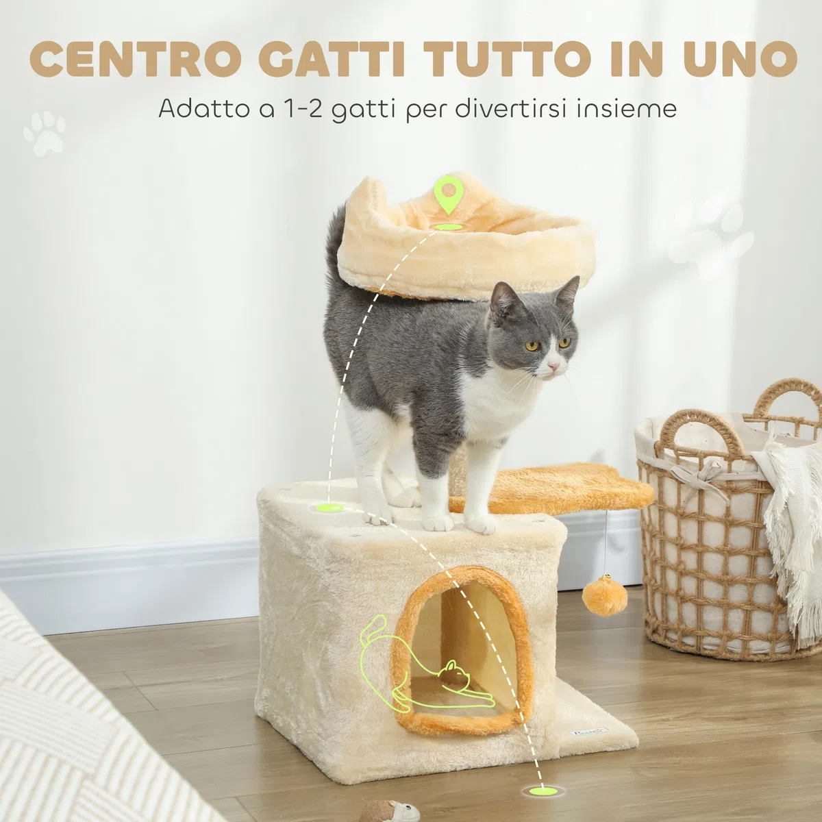 PawHut Albero Tiragraffi per Gatti con Posatoio e Casetta, Torre per Gatti in Truciolato, Peluche, cotone PP e Sisal, 40x30x72 cm, Beige e Giallo