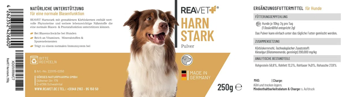 ReaVET Forte urinario per cani, 250 g, supporta la funzione vescica in caso di debolezza della vescica, proteine dei semi di zucca, semi di zucca per cani macinati – vescica, prostata e vie urinarie,