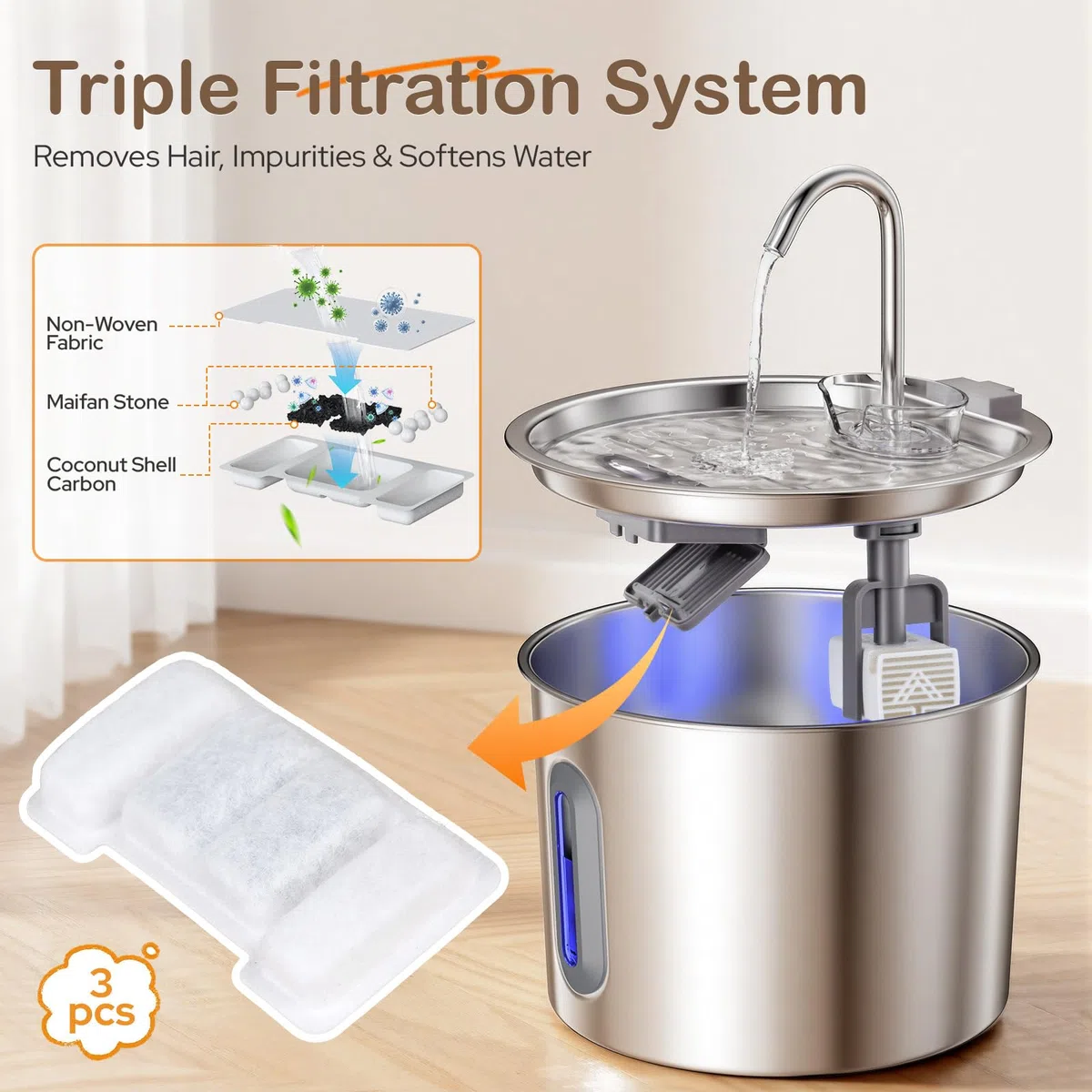 Zivacate Fontanella per Gatti Acciaio - 2,2 L Fontana per Gatti con Pompa Ultra Silenziosa, Finestra LED, Sistema di Filtraggio Triplo, Fontanella Gatto con Cavo (con 3 Filtri & 3 Spugne)