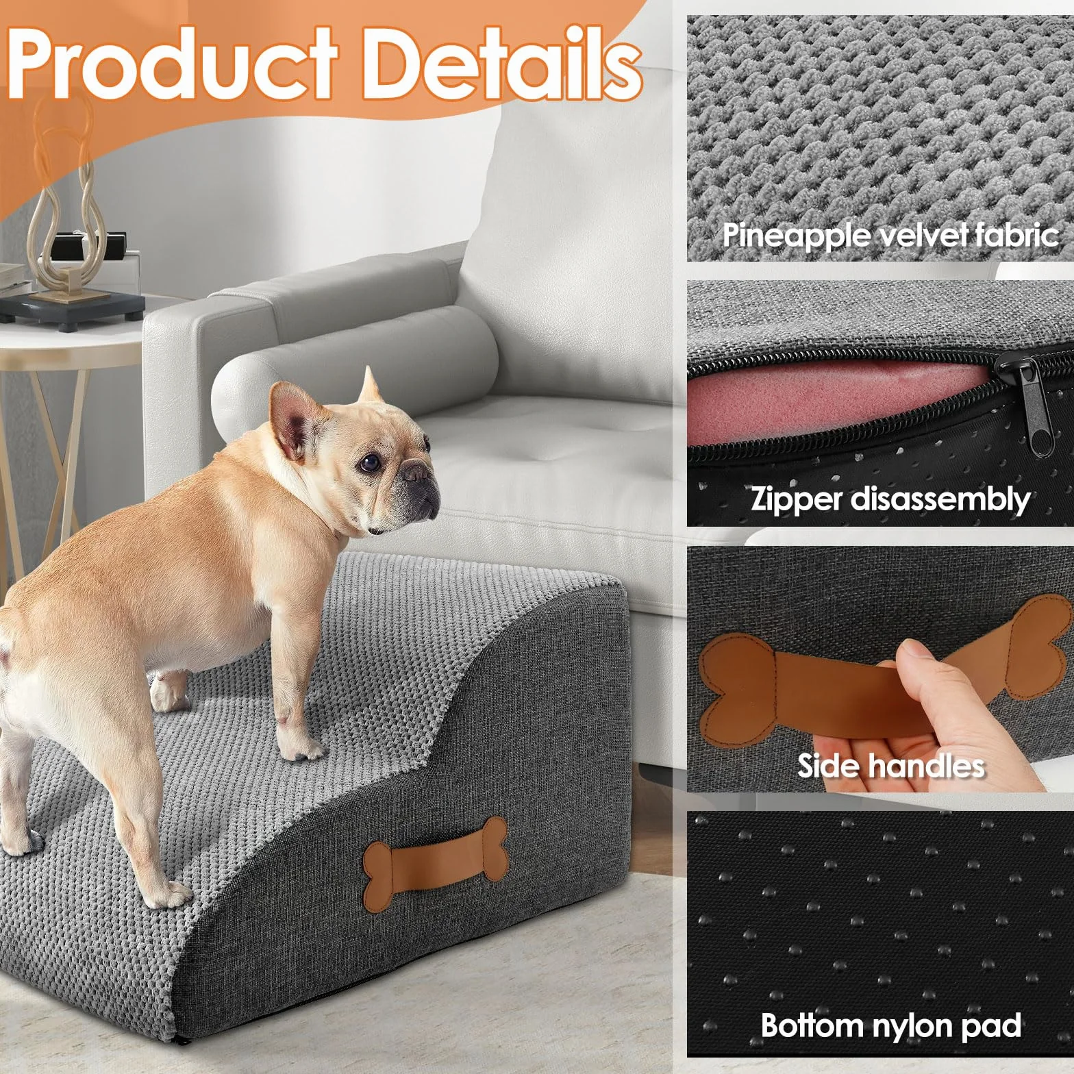 Scala per cani di piccola taglia con rivestimento lavabile e fondo antiscivolo, 55 x 34 x 40 cm, scala per animali domestici, scala a 3 livelli, rampa per cani rimovibile per letto, divano (grigio
