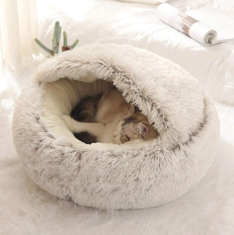 Letto per Gatti Morbido, Rotondo, in Morbido Peluche, con Cappuccio, per Interni e Invernali, per Dormire, Antiscivolo, Lavabile in Lavatrice, per Gatti, Cuccioli, 50*50cm-Grigio-Peluche corto