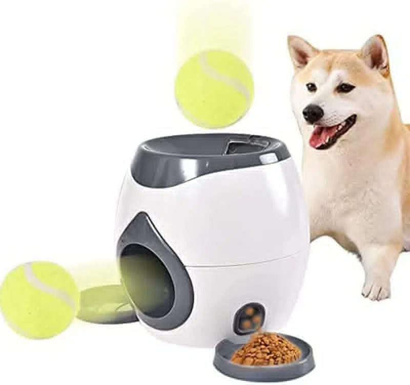 Lanciatore automatico per palline per cani con vassoio piatto per alimentazione interno Lanciatore di palline da tennis per cani con 2 palline Giocattoli interattivi per cani per cani e cuccioli