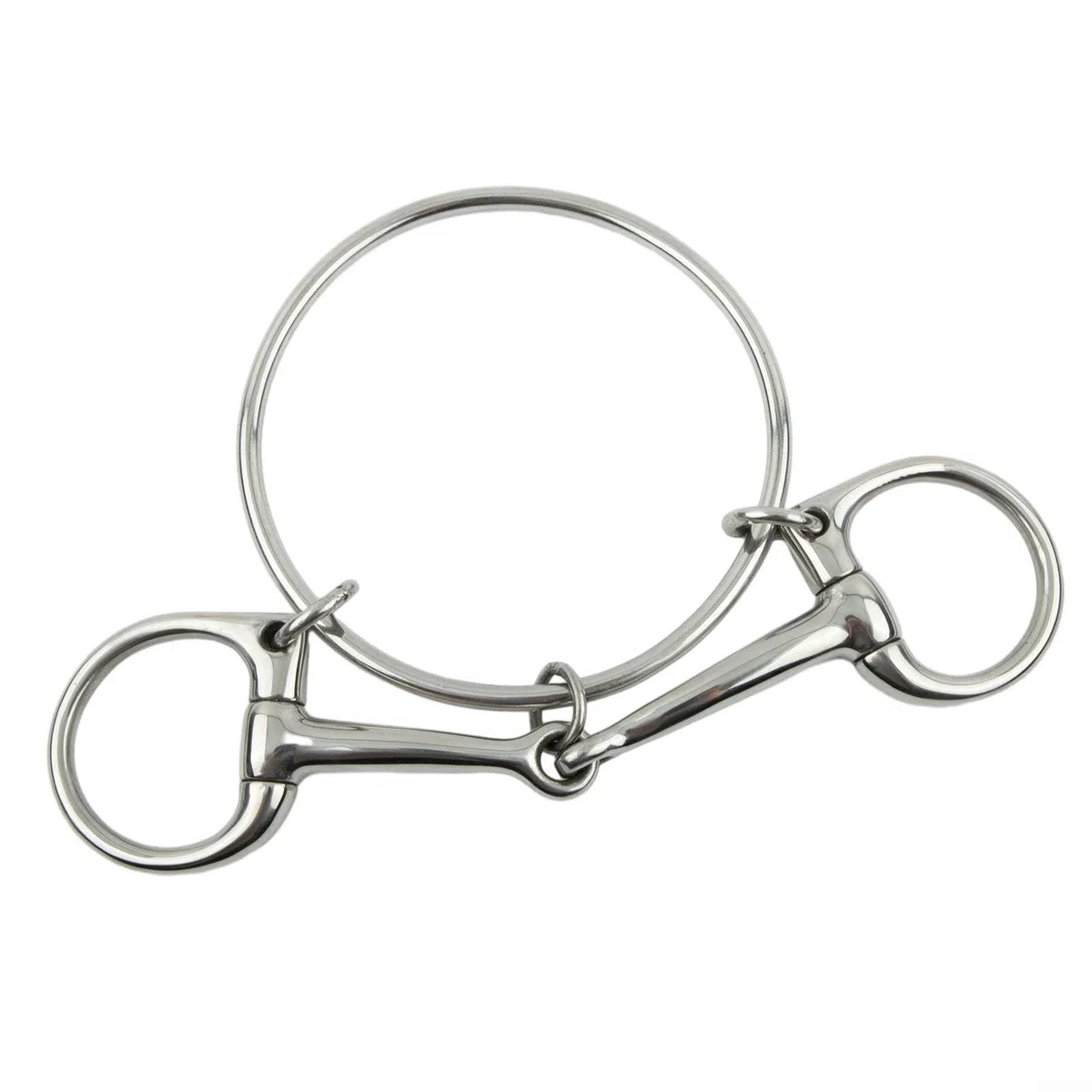 Morso per cavallo a mezza guancia realizzato in acciaio inossidabile con finitura liscia e punti di fissaggio funzionali ad anello