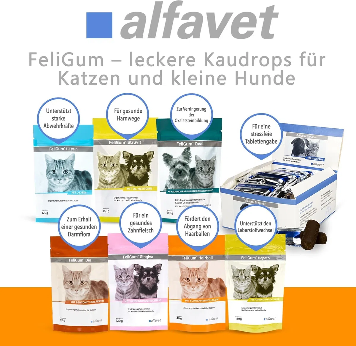 Alfavet FeliGum Hairball (40 g) – alimento complementare per gatti – chew drops morbidi per supportare l’eliminazione dei boli di pelo – con fibre e minerali