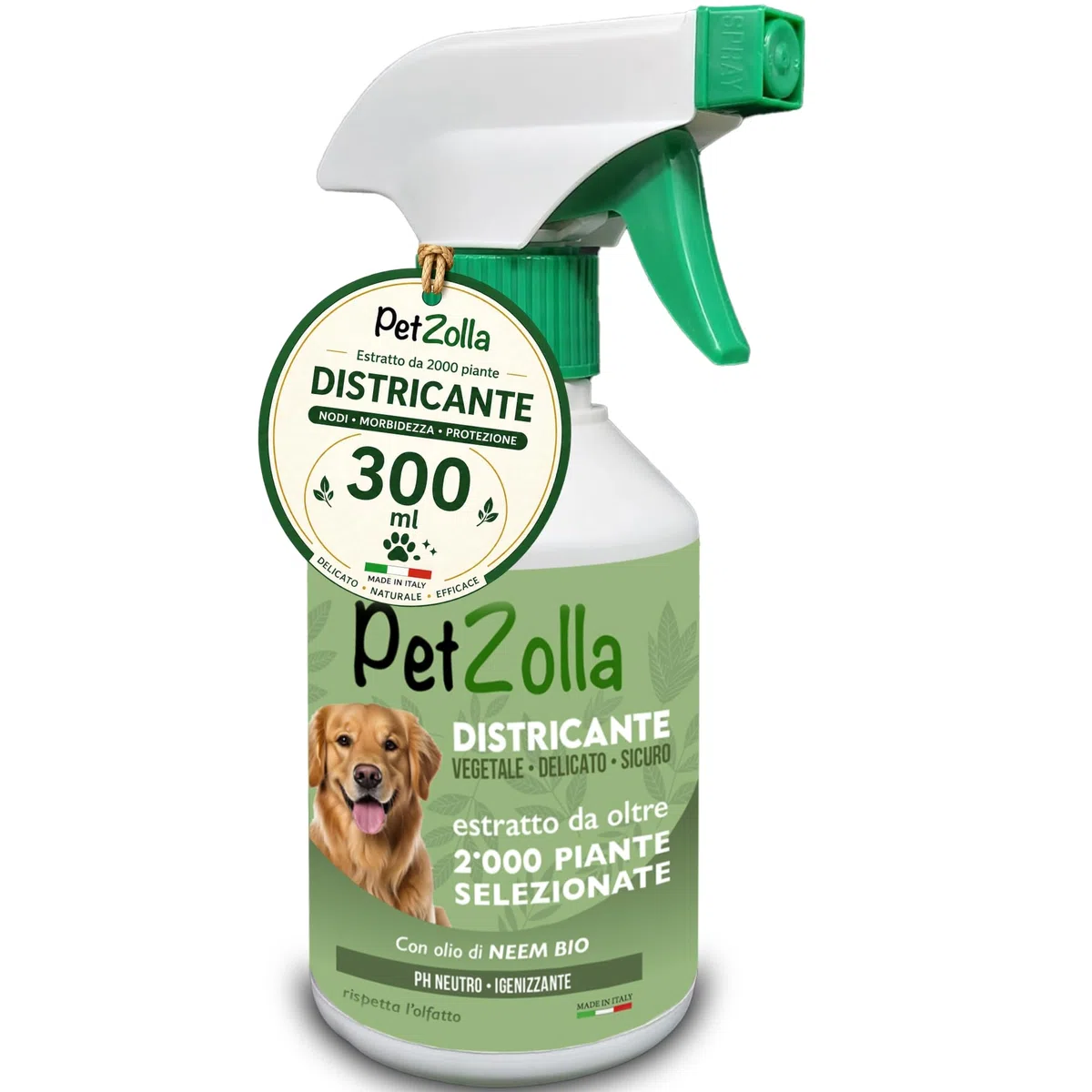 Spray districante sciogli nodi pelo cane 300 ml, Districante Pelo Cane con Olio di Neem Bio, Argan e Timo, protegge nutre ed igienizza, delicato ed efficacie, Made in Italy