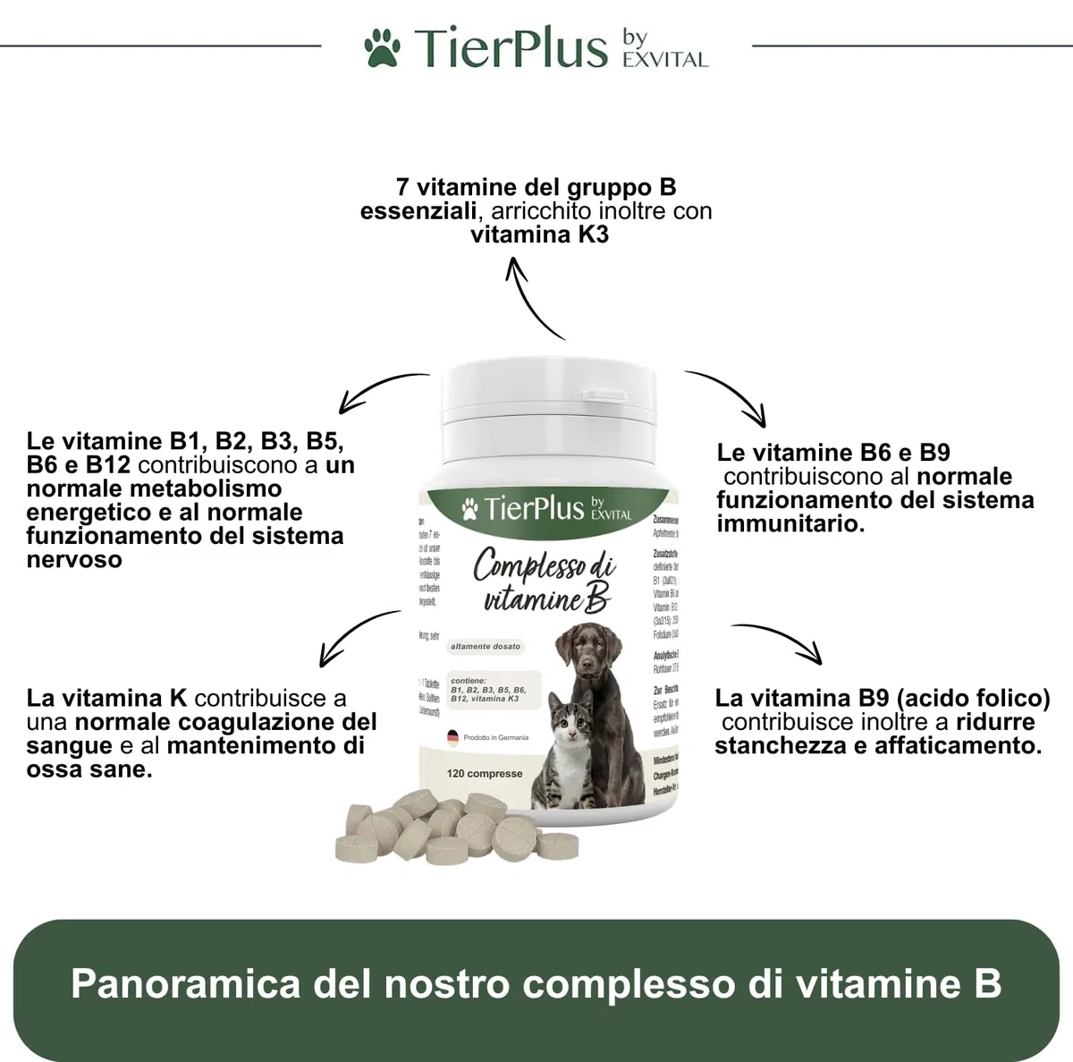 TierPlus Complesso di Vitamine B per Cani e Gatti – B1, B2, B3, B5, B6, B9, B12, K3, 120 compresse, ad alto dosaggio – Prodotto in Germania