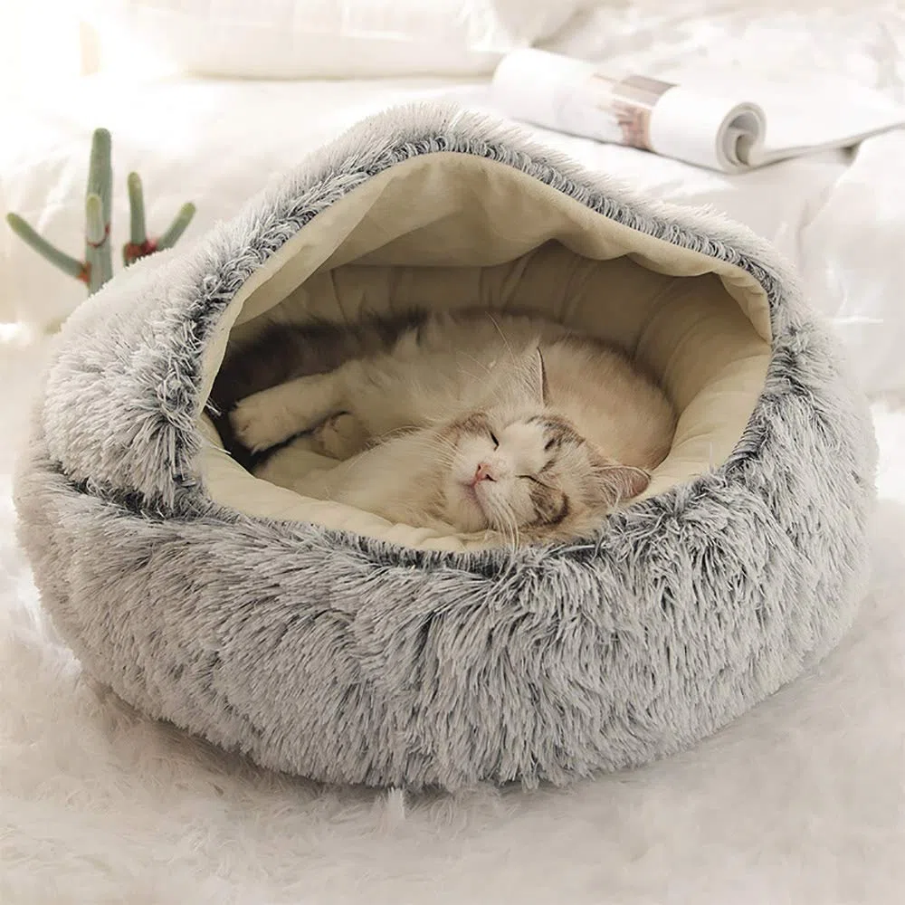 Letto per gatti morbido, rotondo, in morbido peluche, con cappuccio, per interni e invernali, per dormire, antiscivolo,lavabile in lavatrice, per gatti, cuccioli,Grigio,50 cm