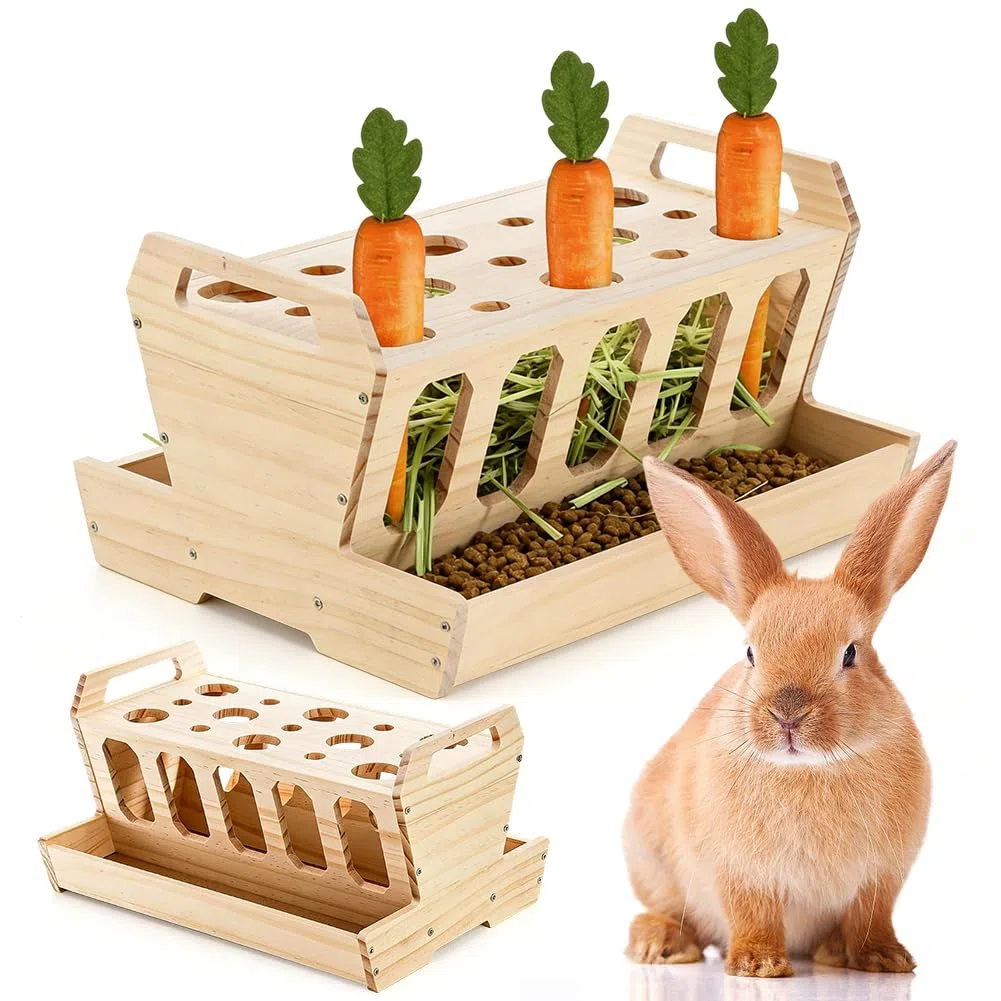 Grande grattugia di fieno per conigli e porcellini d'India, accessori per conigli, mangiatoia con porta carote in legno naturale non trattato, 30 x 22 x 18 cm, ciotola per cibo per conigli, accessori