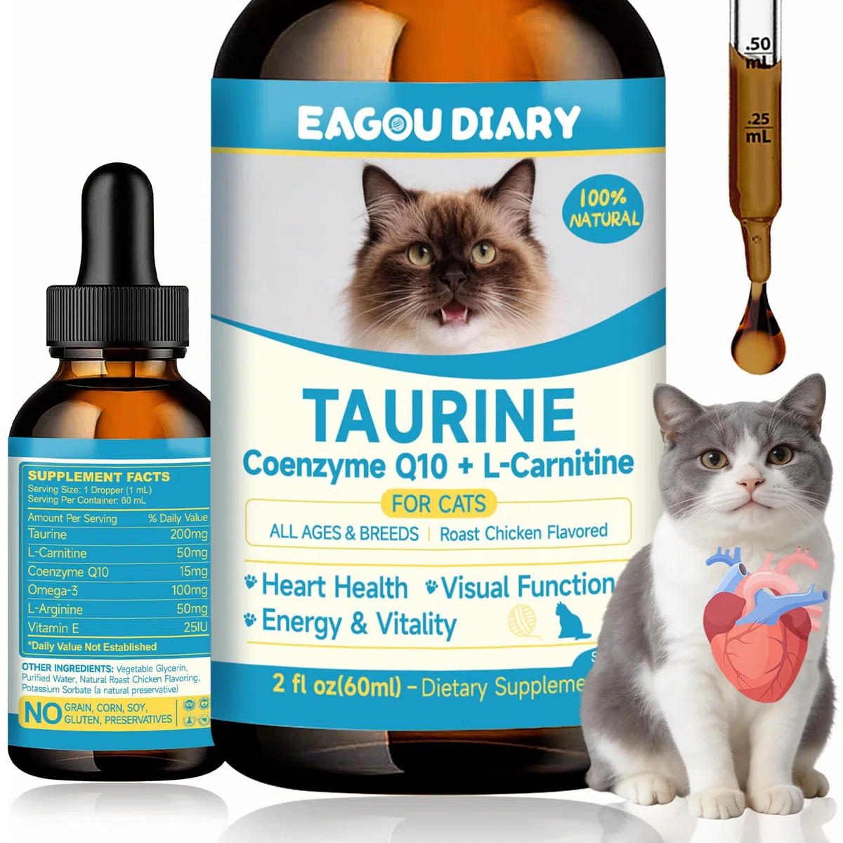 Taurina per Gatti Gocce – Integratore Taurina per Gatti, Felina Cardiaca e Vista, Immunitaria, l'Energia e Vitalità, Coenzima Q10, L-Carnitina, L-Arginina, Vitamine, Liquida Gatto Taurina, 60ml
