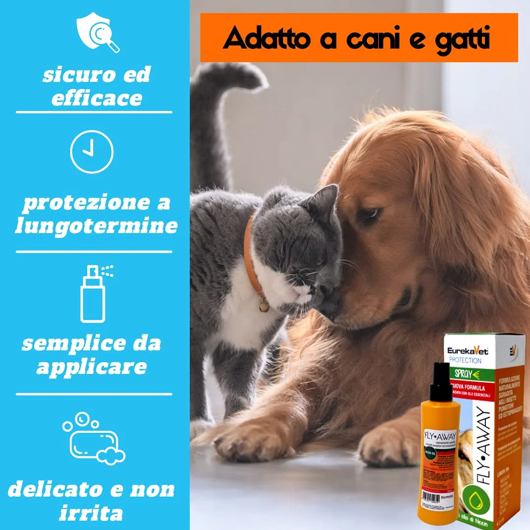 FLY AWAY Eurekavet Spray Antiparassitario 100% Naturale con Olio di Neem - Efficacie Contro: Mosche, Tafani, Flebotomi, Zanzare, Pulci, Zecche, Acari. Antipulci Spray 200ml Cani e Gatti.