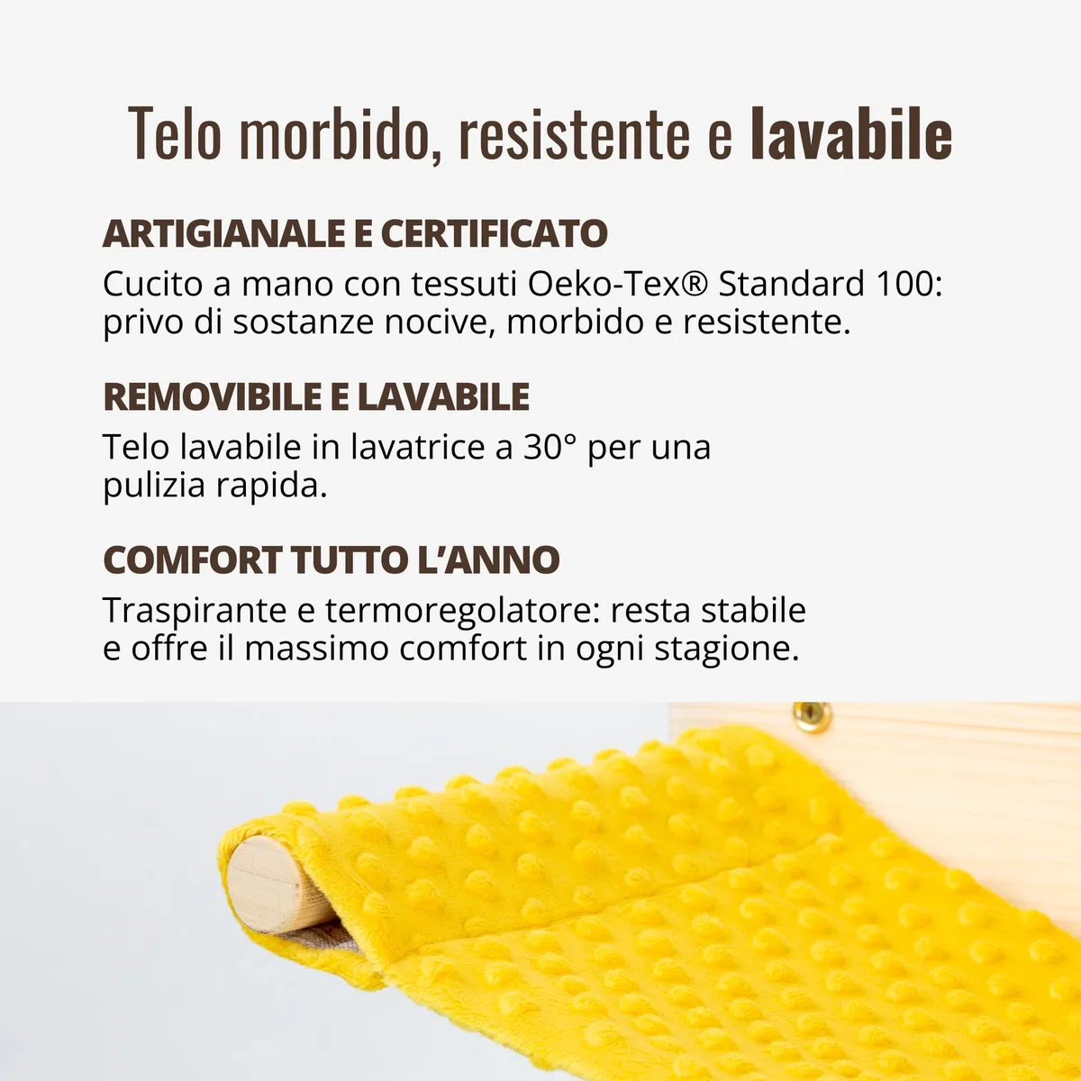 Amaca per Gatti in Legno d'Abete PEFC fatta a mano, Amaca Gatto con Telo Giallo Lavabile, Robusta e Confortevole per Rilassarsi, Dormire e Giocare, Supporta fino a 20 KG - Percorsipergatti
