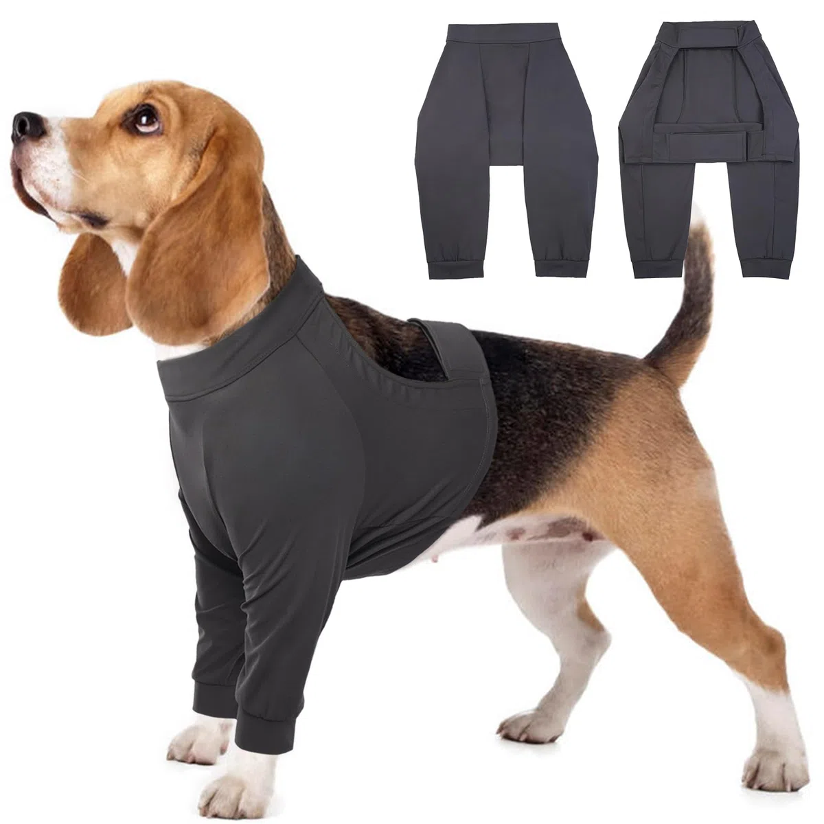 Kuoser M Dog Surgery Recovery Suit with Legs - Body medico per cani femmina, protezione per ferite a gomiti e gambe, manica anteriore per gamba post-operatoria, camicia protettiva per cani - grigio