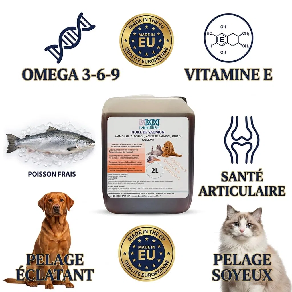 2L Olio di salmone naturale al 100% per cani, gatti e cavalli, ricco di Omega 3-6-9 e vitamine