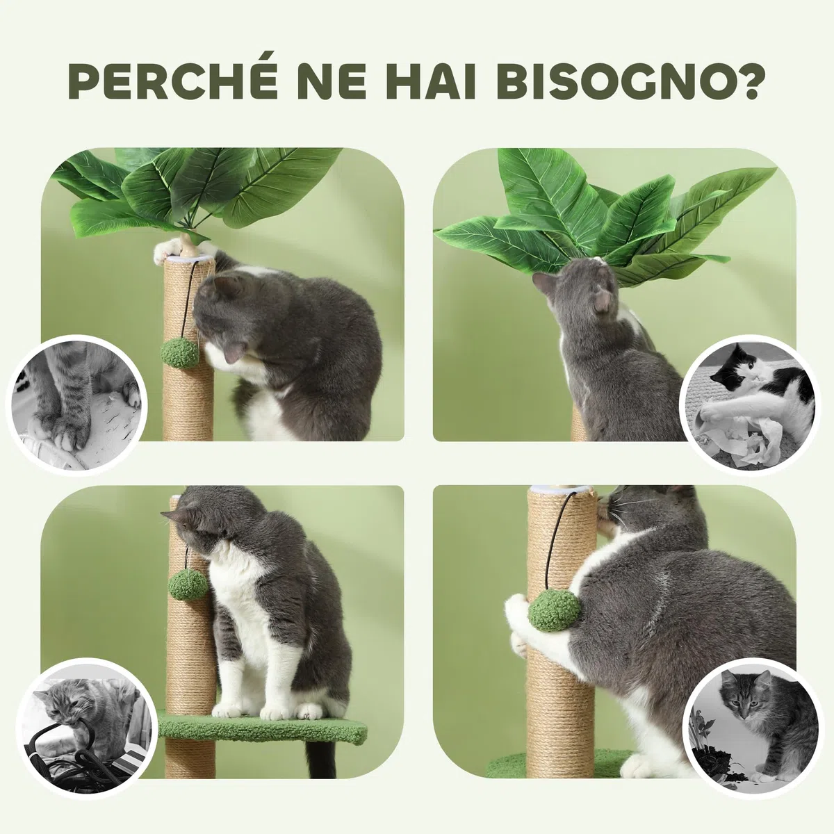 PawHut Albero per Gatti con Palo Tiragraffi, Piattaforme e Palline Giocattolo, Torre per Gatti in Peluche e Truciolato, Ø40x83 cm, Verde
