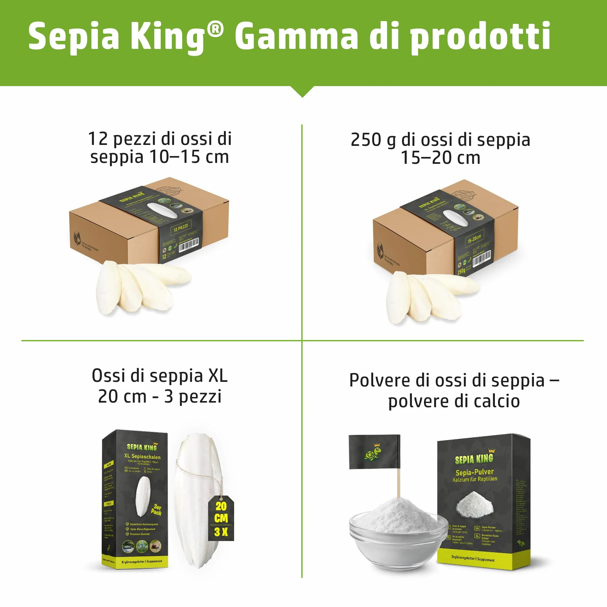Sepia King - Ossi di Seppia grandi – Box XL 250g 15–20 cm – Calcio e minerali naturali – Osso di Seppia grande – Mangime per Rettili, Tartarughe, Drago Barbuto, Uccelli, Accessori Terrario