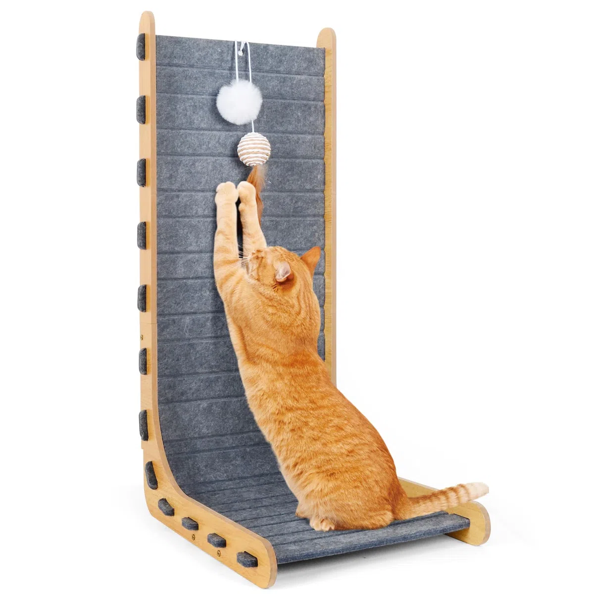 Tiragraffi per gatti, a forma di L, in feltro e legno, con campanella a sfera, resistente, per proteggere le pareti dei mobili, grigio
