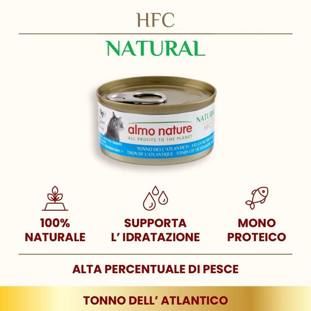 Almo Nature HFC Natural - Alimento Umido per Gatti - Tonno dell'Atlantico - Qualità Human Grade, Monoproteico - 70g, Confezione da 24