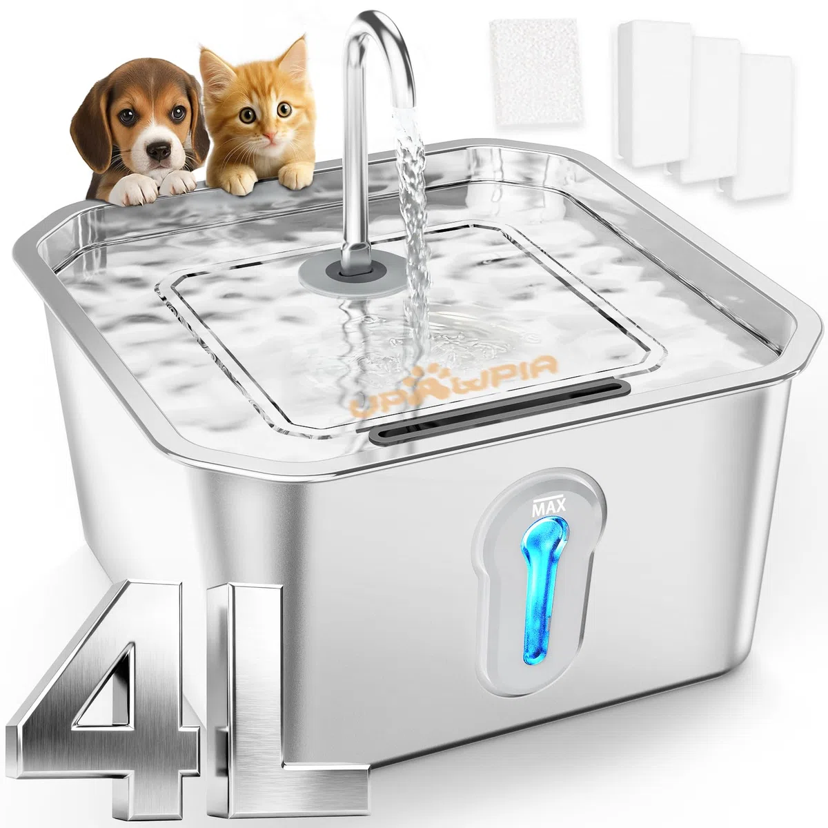 4L Fontanella per Gatti Acciaio con 3 Filtri Fontana Per Animali Domestici Per Gatti Animali Domestici Da Interno Cani Piccoli Animali Distributore Automatico Di Acqua Per Cani